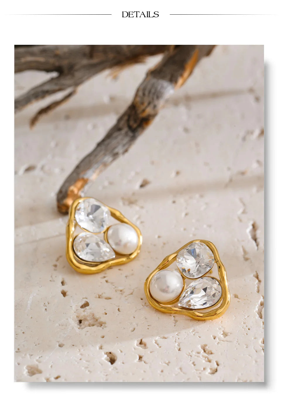Cubic Zirconia Pearl Geometric Earrings — Gold-Plated Stainless Steel with Pearl and Cubic Zirconia · PS1441