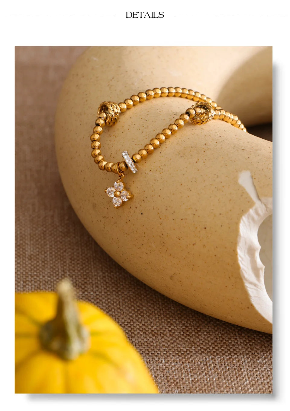 Cubic Zirconia Flower Beaded Bracelet — Gold-Plated Stainless Steel with Cubic Zirconia · PS1066
