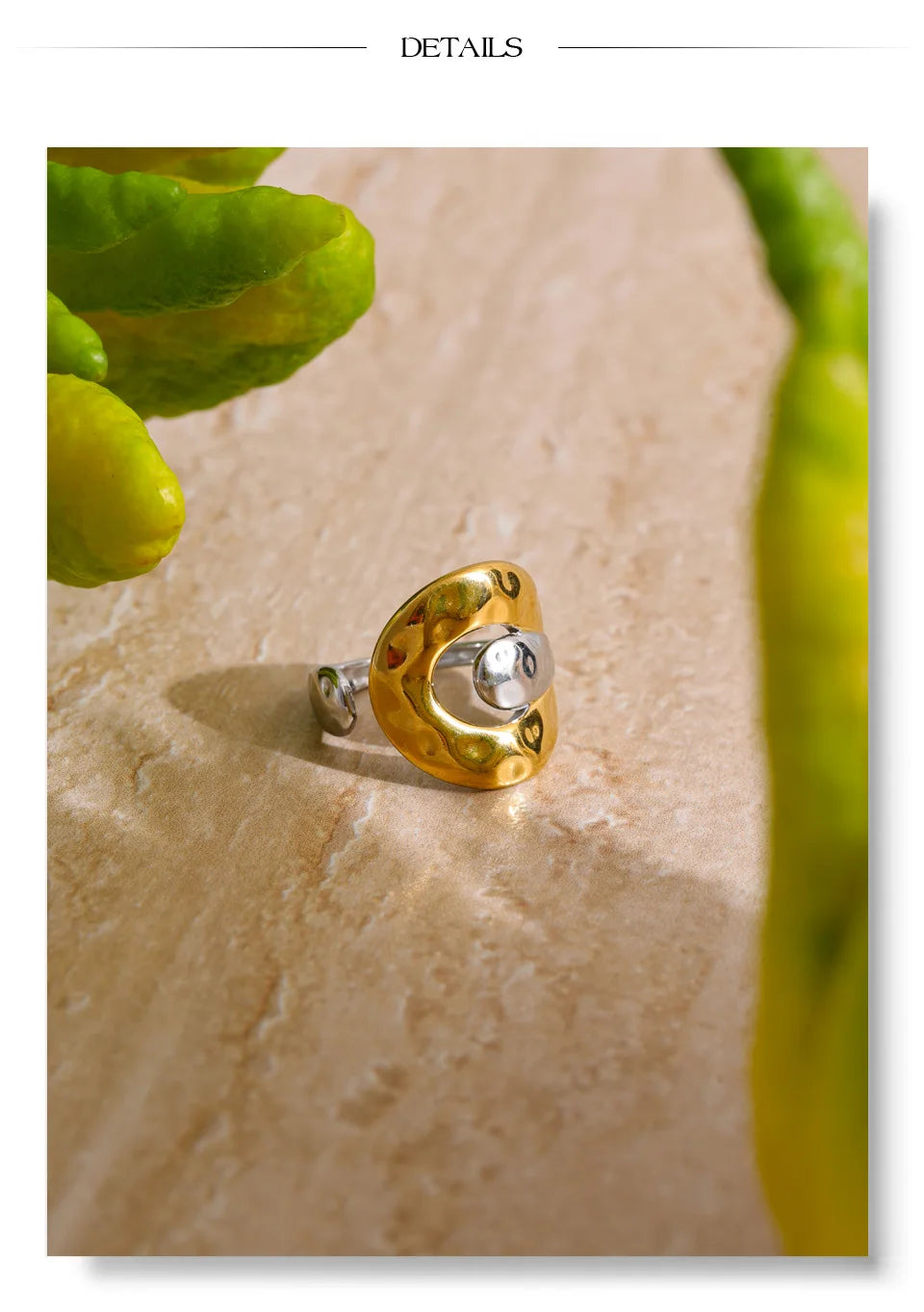 Geometric ring in 18K gold-plated stainless steel.