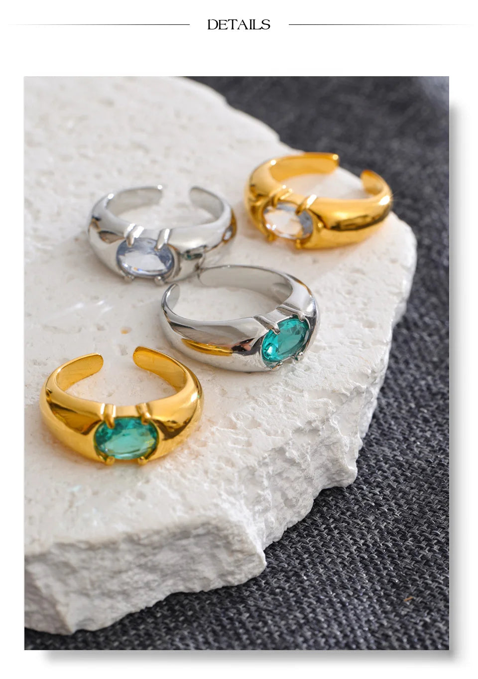 White cubic zirconia geometric ring in 18K gold-plated stainless steel with cubic zirconia.
