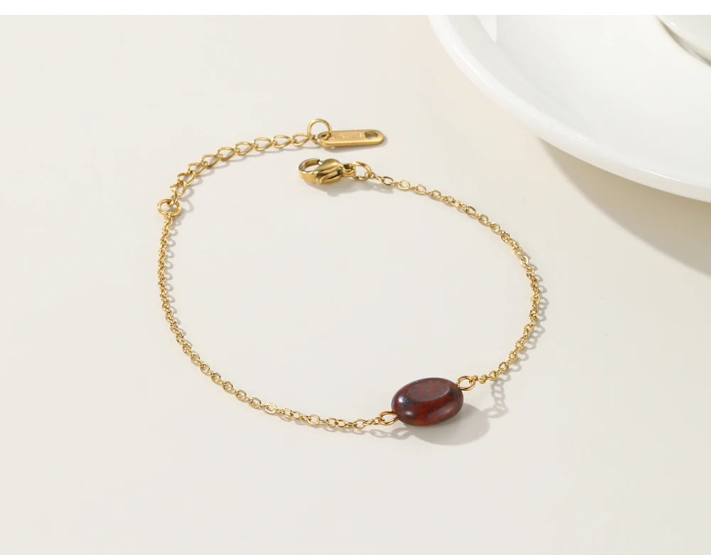 Bracelet Dark Red Natural Stone Pendants Charm — 316L Stainless Steel · PS414