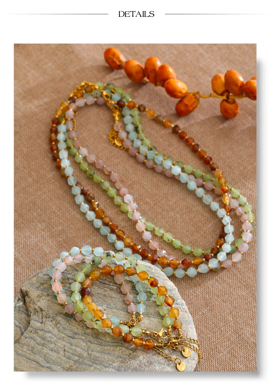 Natural stone beaded multi-color necklace in gold-plated stainless steel with natural stone.