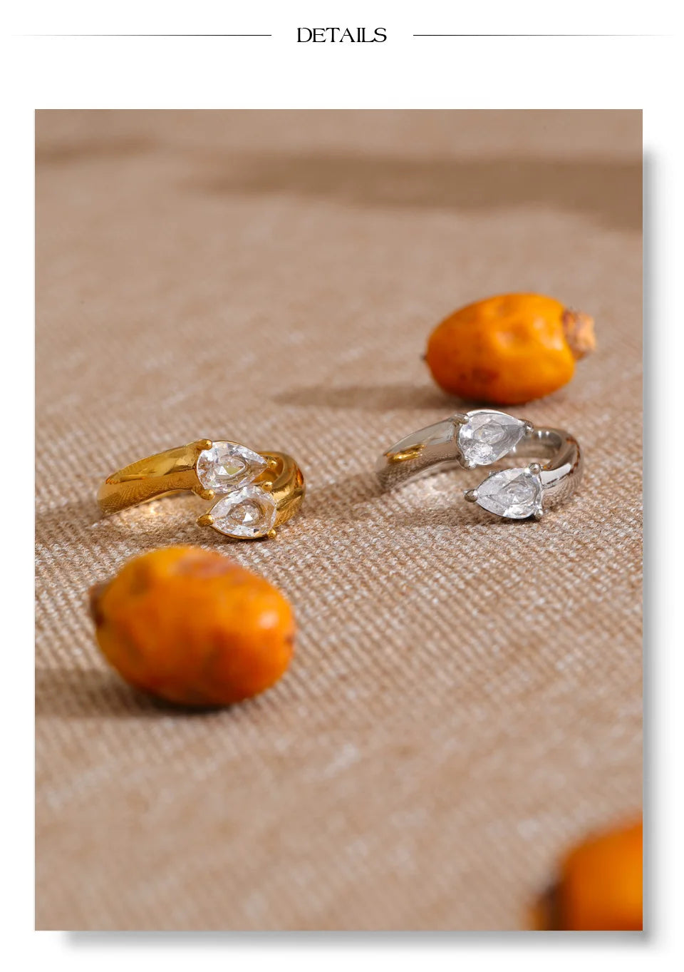Cubic zirconia geometric ring in 18K gold-plated stainless steel with cubic zirconia.
