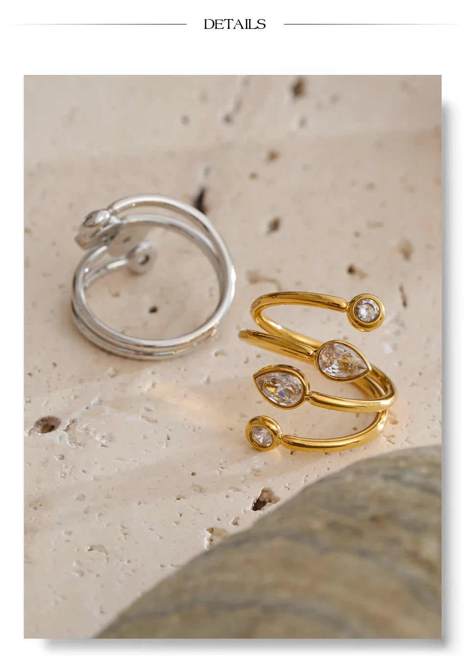 Cubic zirconia geometric layered ring in 18K gold-plated stainless steel with cubic zirconia.