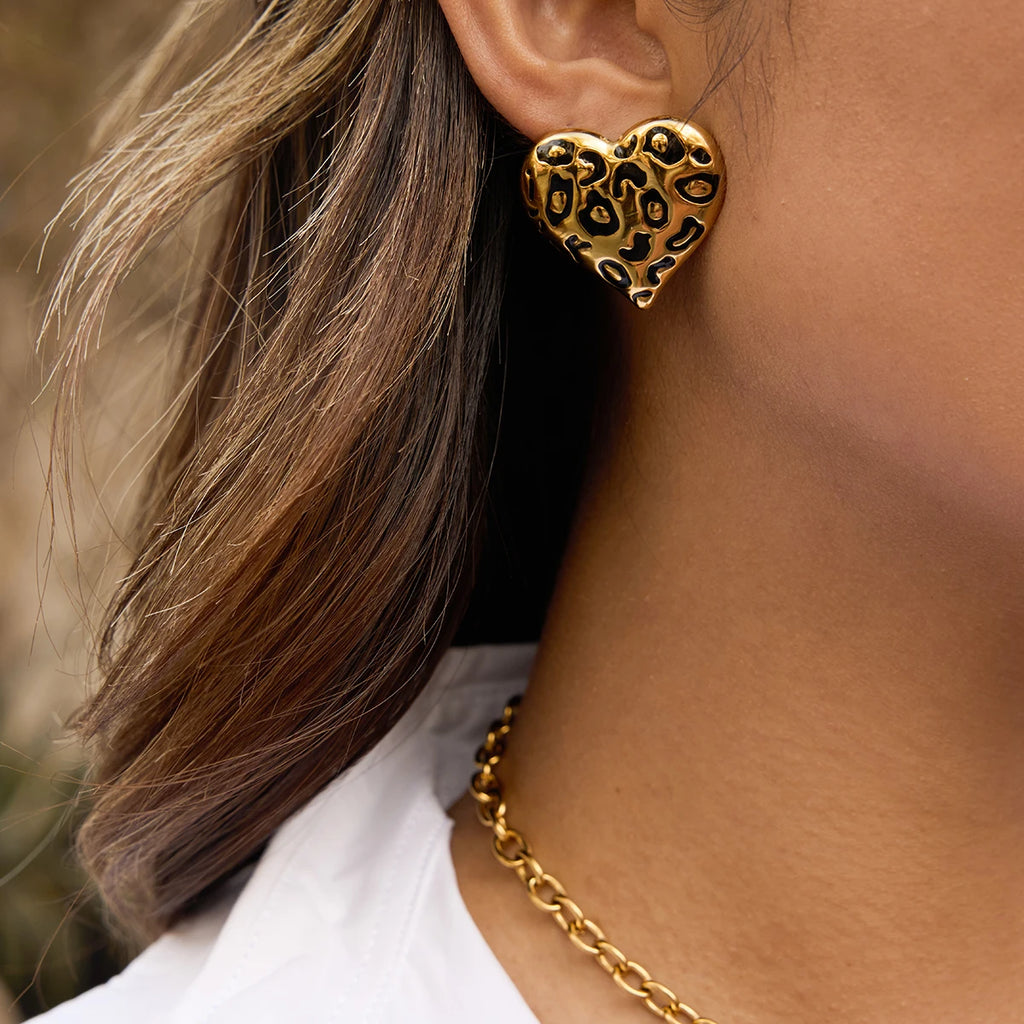 Leopard Heart Stud Earrings — Stainless Steel · PS060
