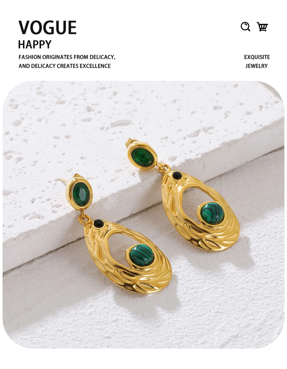 Drop Earrings Green Stone Zircon Irregular Dangle — 316L Stainless Steel · PS424