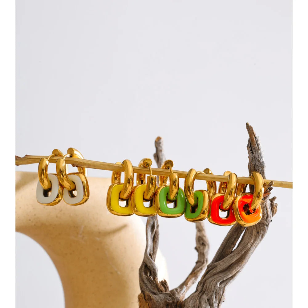 Enamel multi-color geometric earrings in gold-plated stainless steel with enamel.