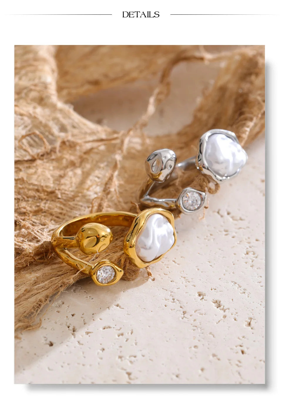 Cubic zirconia pearl geometric ring in gold-plated stainless steel with pearl and cubic zirconia.