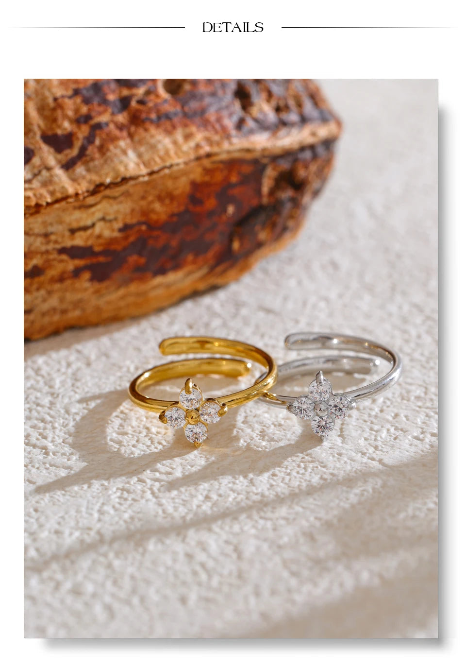 Cubic zirconia flower ring in gold-plated stainless steel with cubic zirconia.