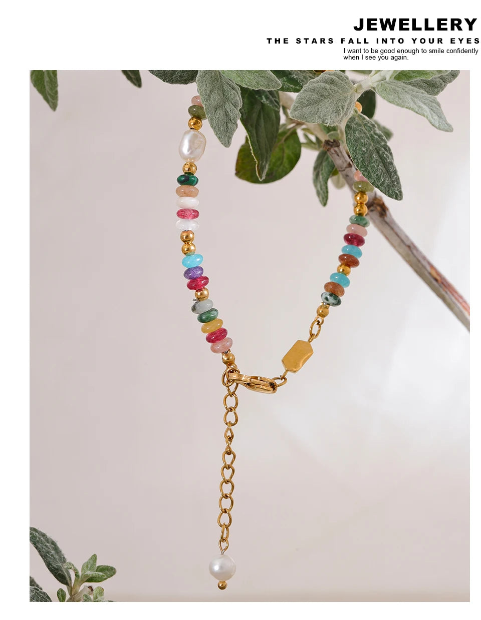 Pearl natural stone geometric necklace in gold-plated stainless steel with pearl and natural stone.