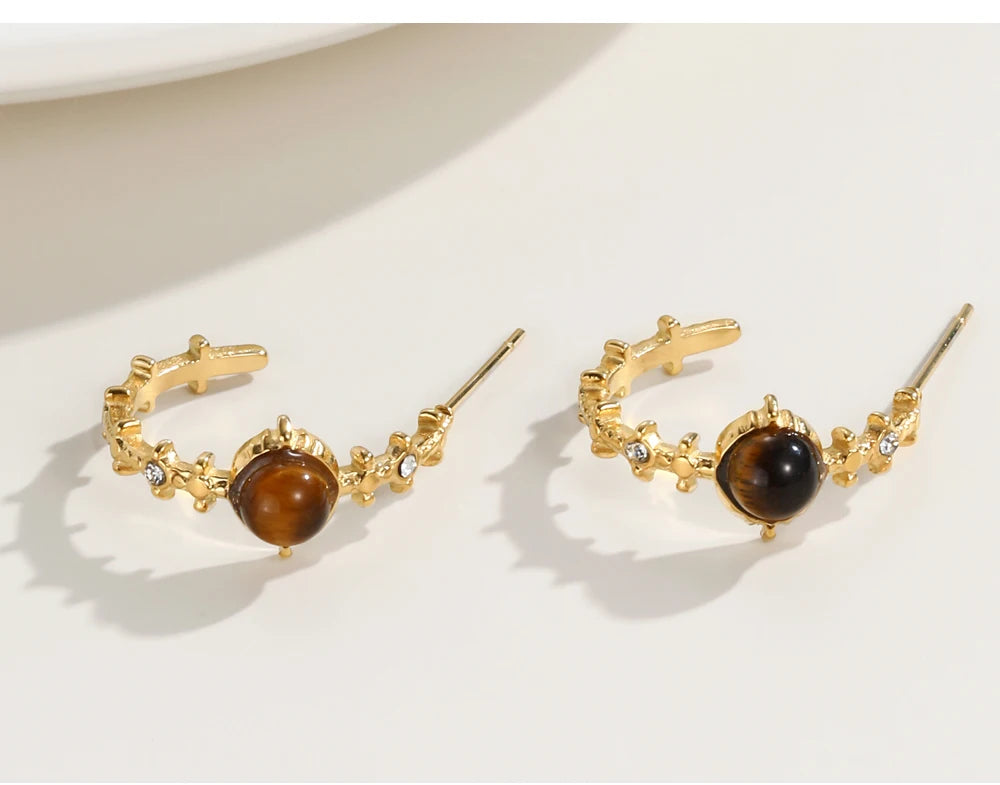 Hoop Earrings Amber Natural Stone Crystal Irregular — 316L Stainless Steel · PS480