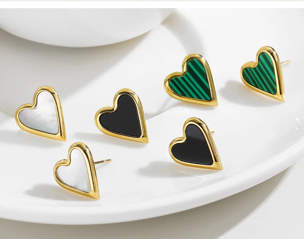 Stud Earrings Heart Vintage Green Natural Stone — 316L Stainless Steel · PS422