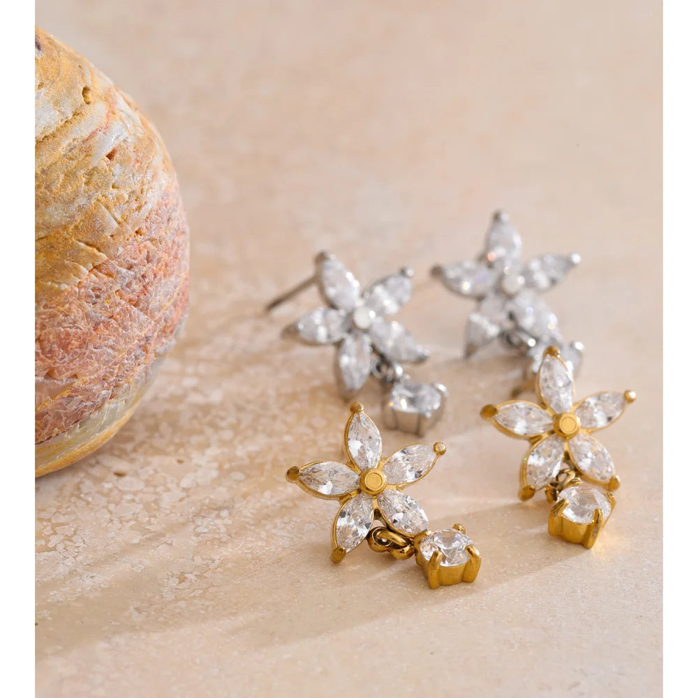 Cubic Zirconia Flower Earrings — Gold-Plated Stainless Steel with Cubic Zirconia · PS932