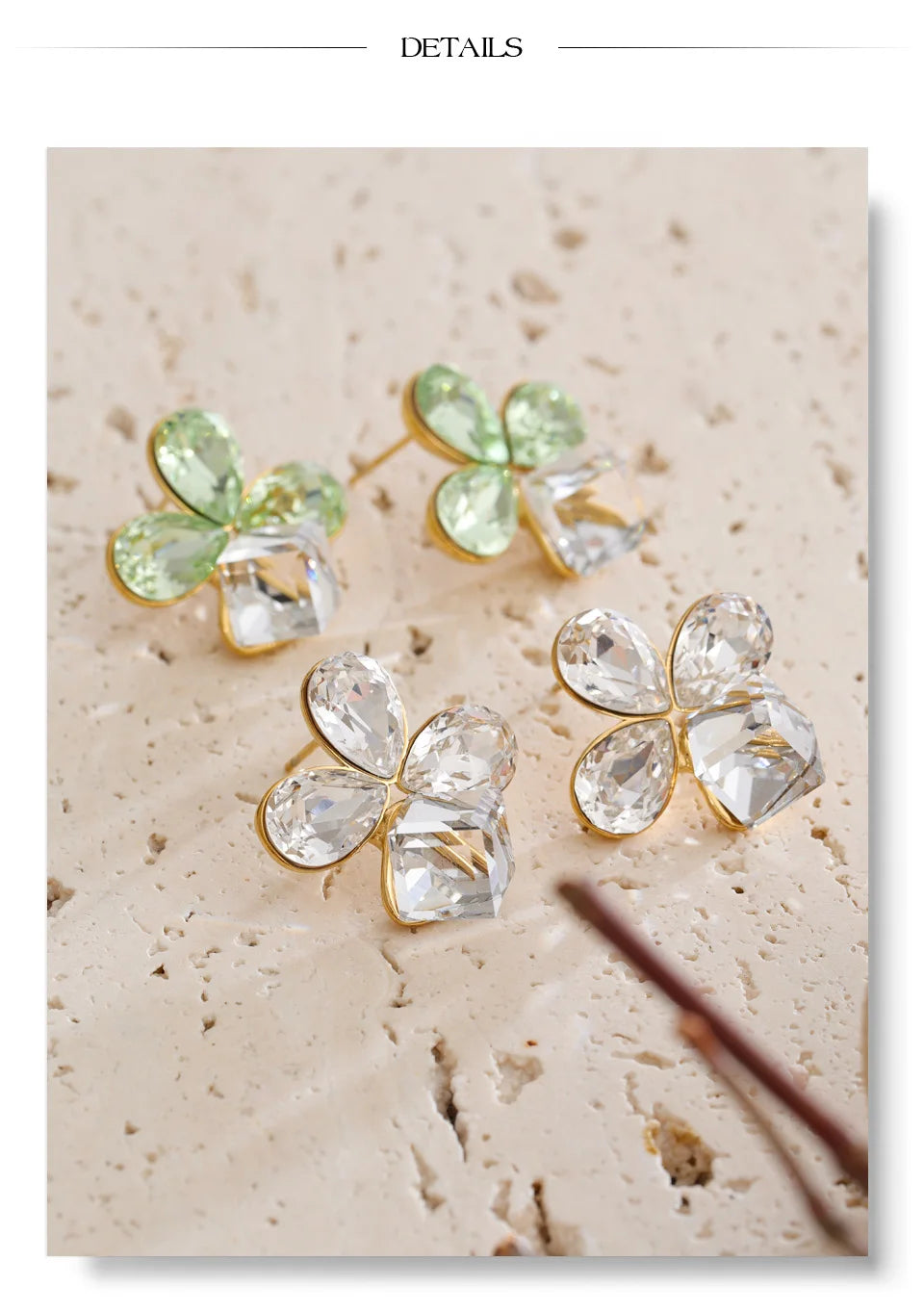 Crystal Flower Geometric Earrings — Gold-Plated Stainless Steel with Crystal · PS1534