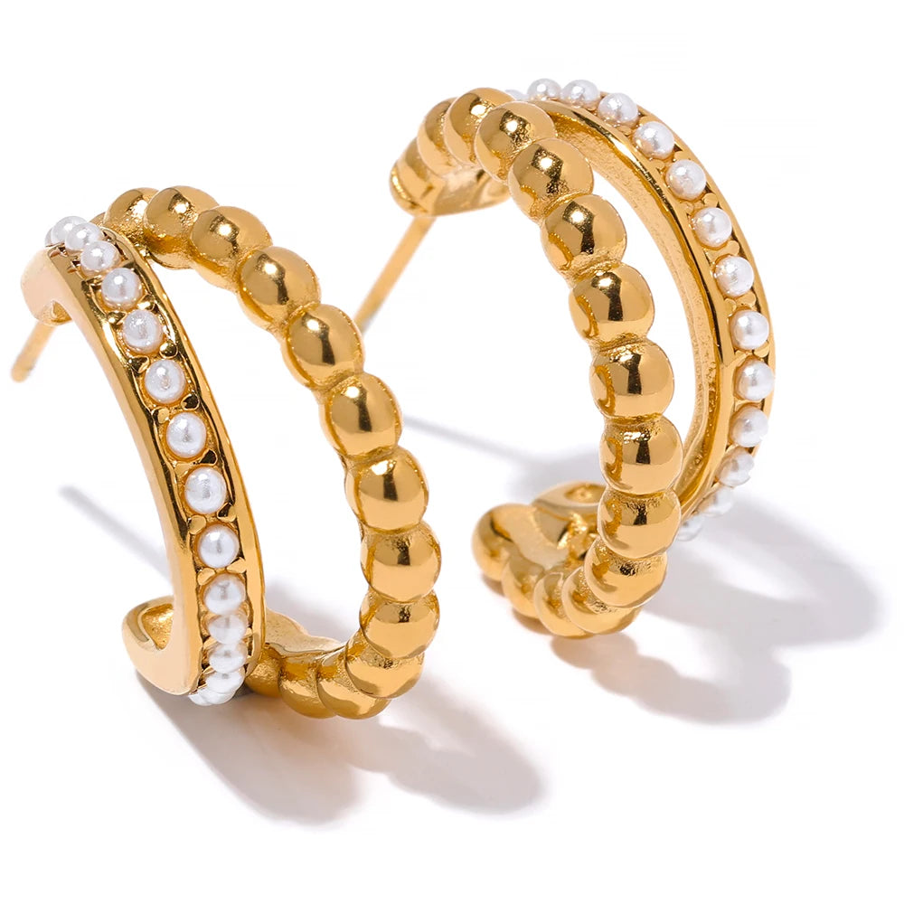 Pearl vintage geometric earrings in 18K gold-plated stainless steel with pearl.