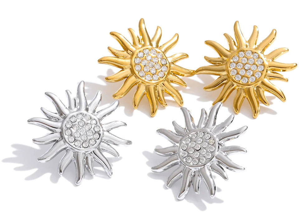 Cubic Zirconia Sun Geometric Earrings — Gold-Plated Stainless Steel with Cubic Zirconia · PS928