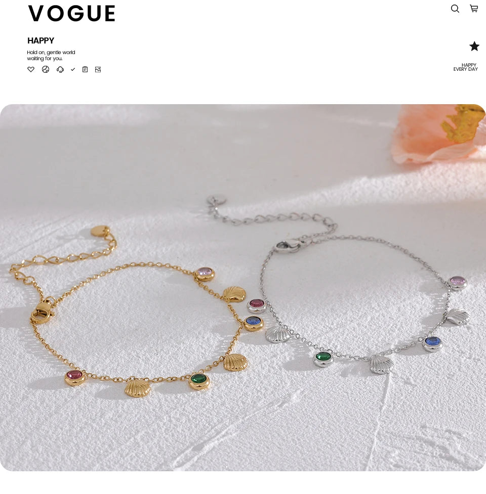 Cubic zirconia shell multi-color anklet in gold-plated stainless steel with cubic zirconia and shell.