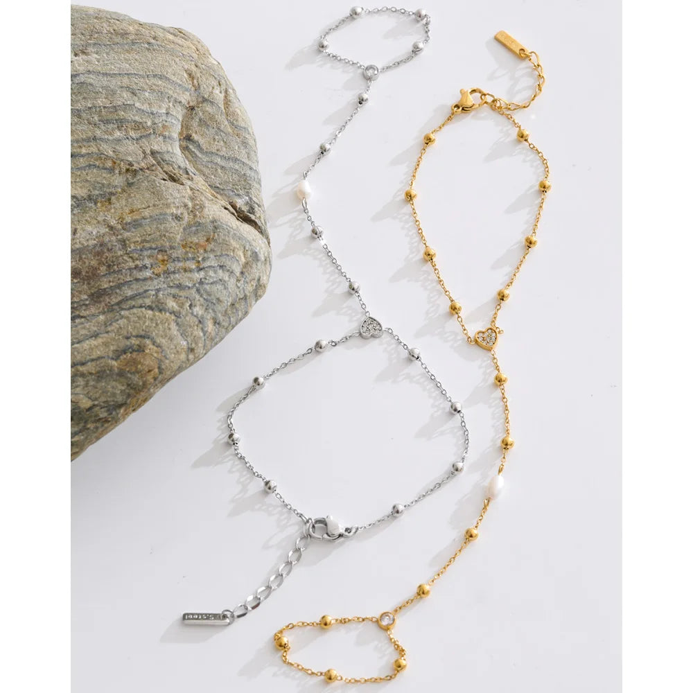 Cubic Zirconia Pearl Geometric Bracelet — Gold-Plated Stainless Steel with Pearl and Cubic Zirconia · PS1330