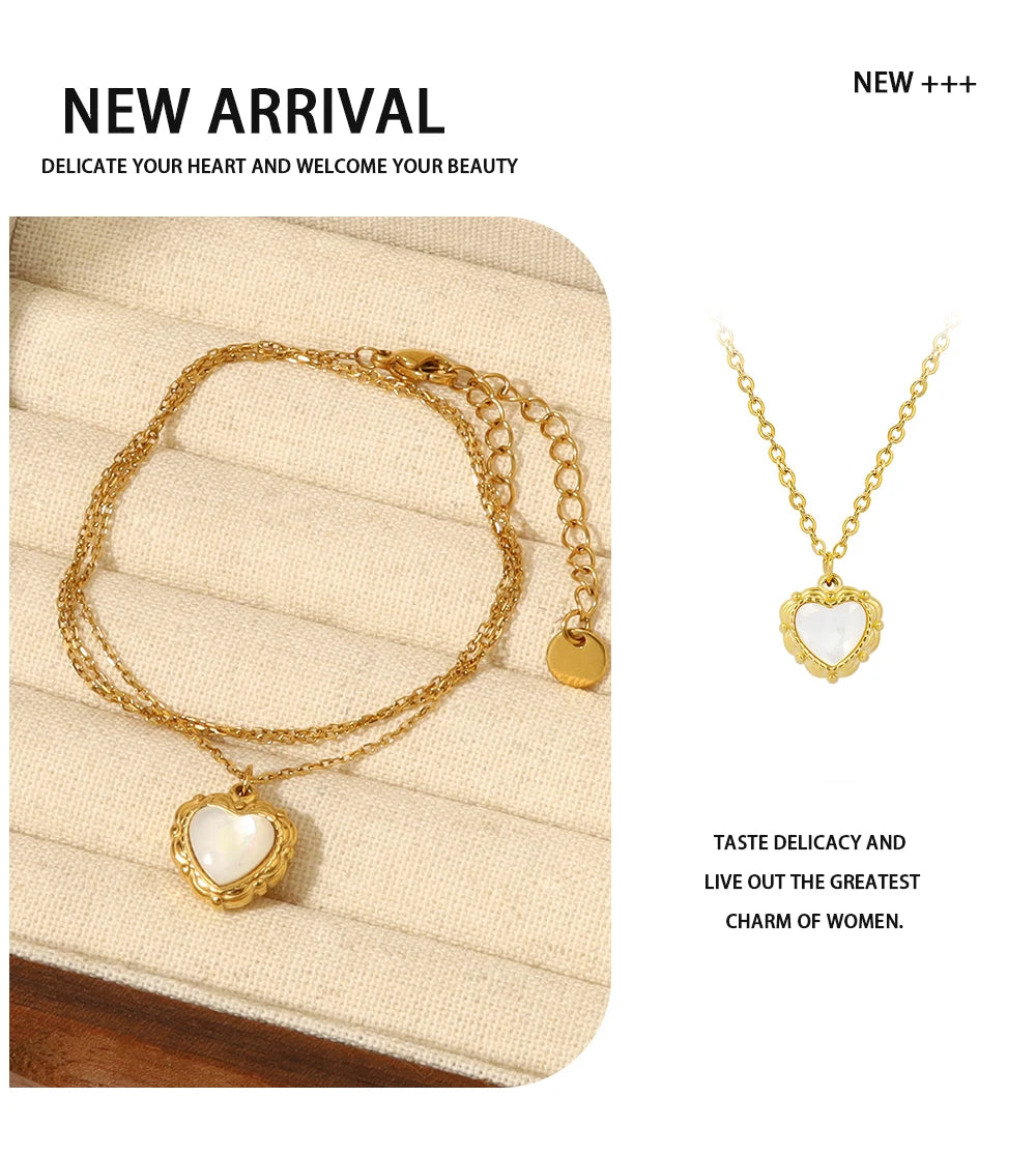 Pendant Necklace White Shell Heart Charm — 316L Stainless Steel · PS413