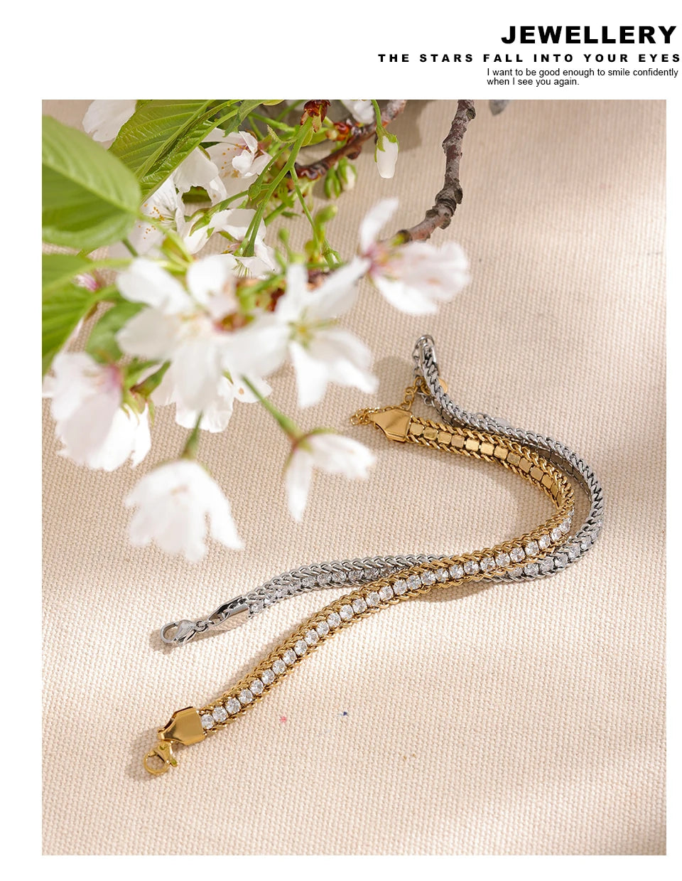 Cubic Zirconia Geometric Chain Bracelet — Gold-Plated Stainless Steel with Cubic Zirconia · PS1872