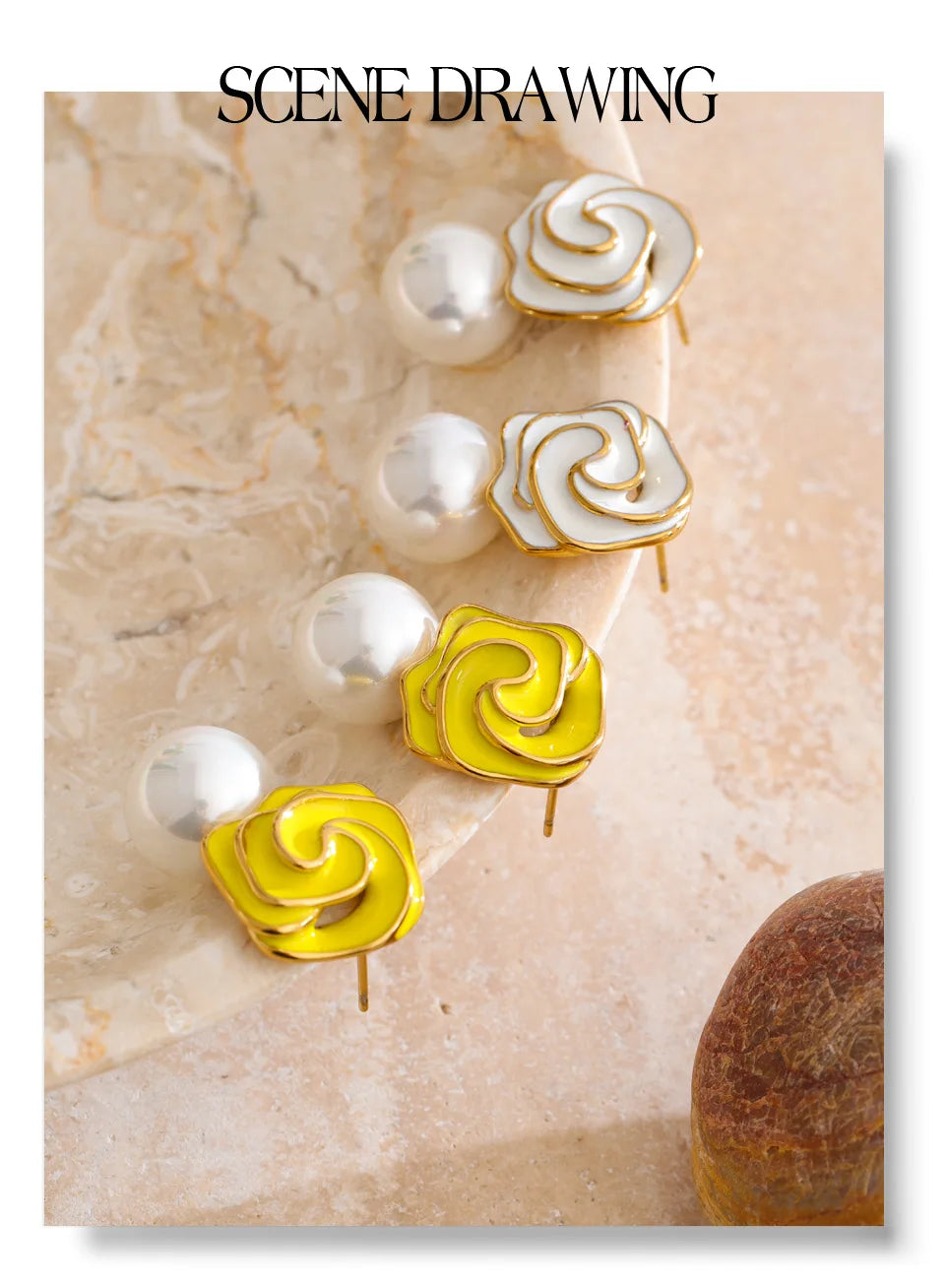 White pearl enamel earrings in gold-plated stainless steel with pearl and enamel.