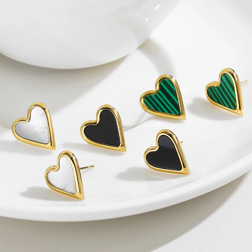 Stud Earrings Heart Vintage Green Natural Stone — 316L Stainless Steel · PS422