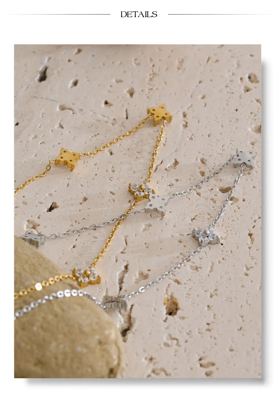 Cubic zirconia flower chain necklace in gold-plated stainless steel with cubic zirconia.