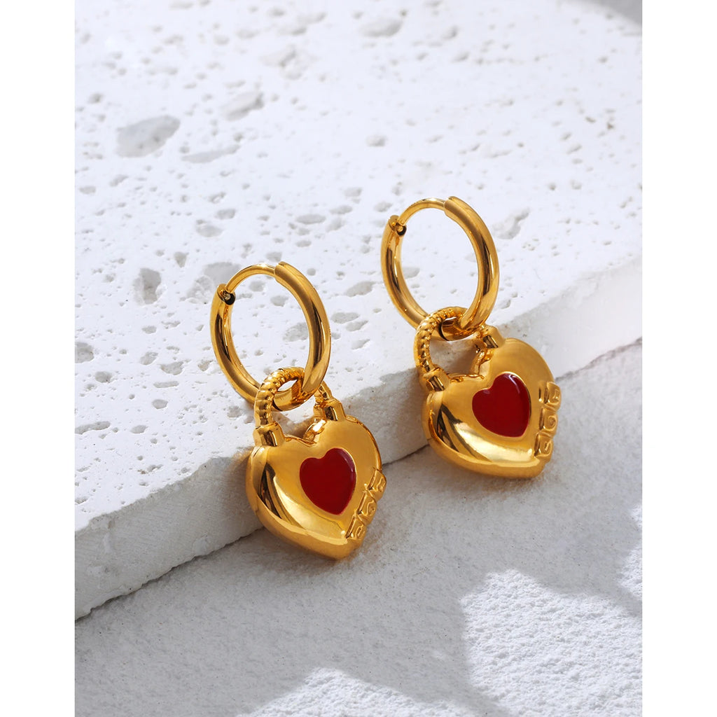 Hoop Earrings Red Enamel Heart — 316L Stainless Steel · PS384