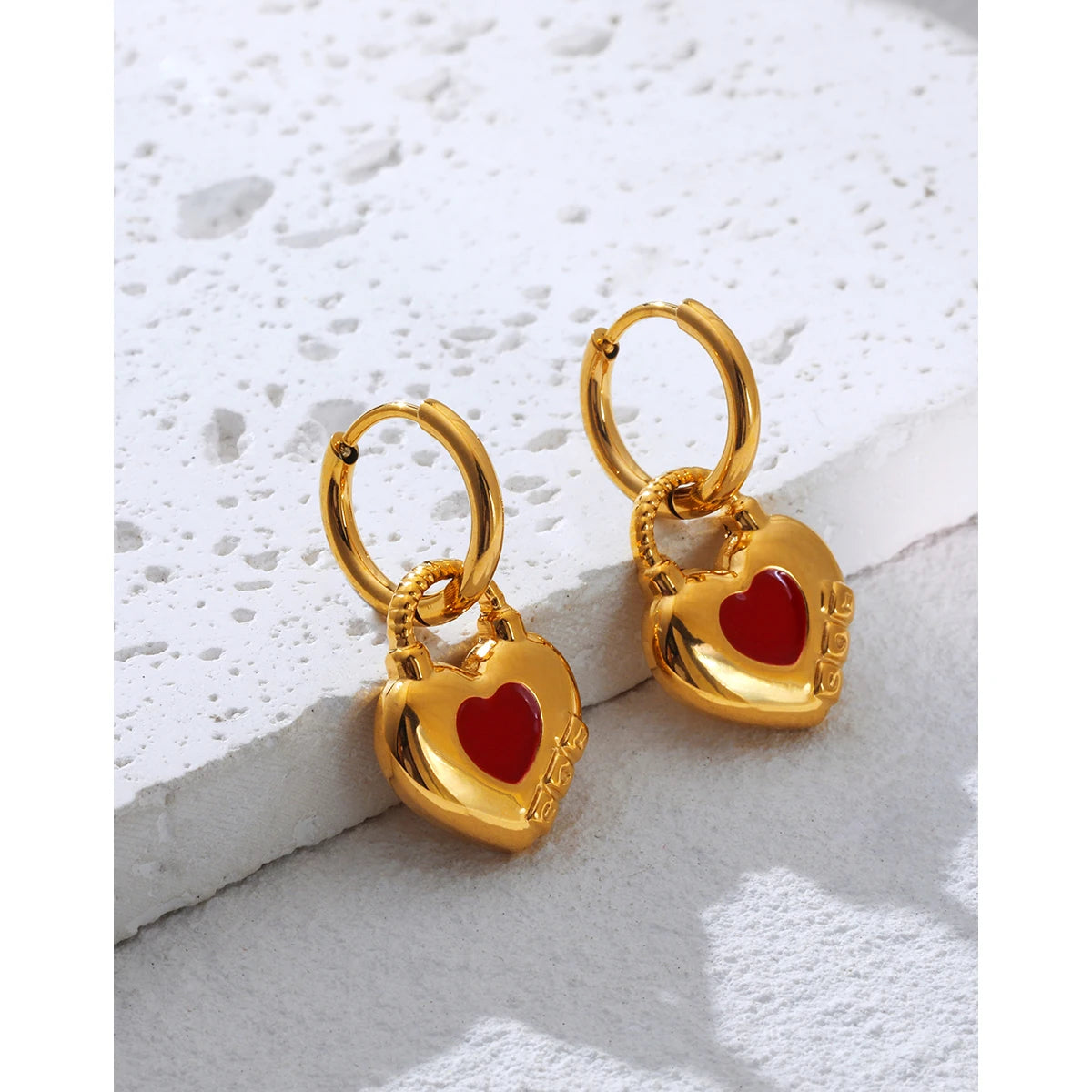 Hoop Earrings Red Enamel Heart — 316L Stainless Steel · PS384