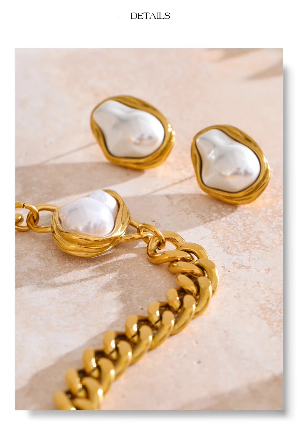 Pearl geometric chain earrings in gold-plated stainless steel with pearl.