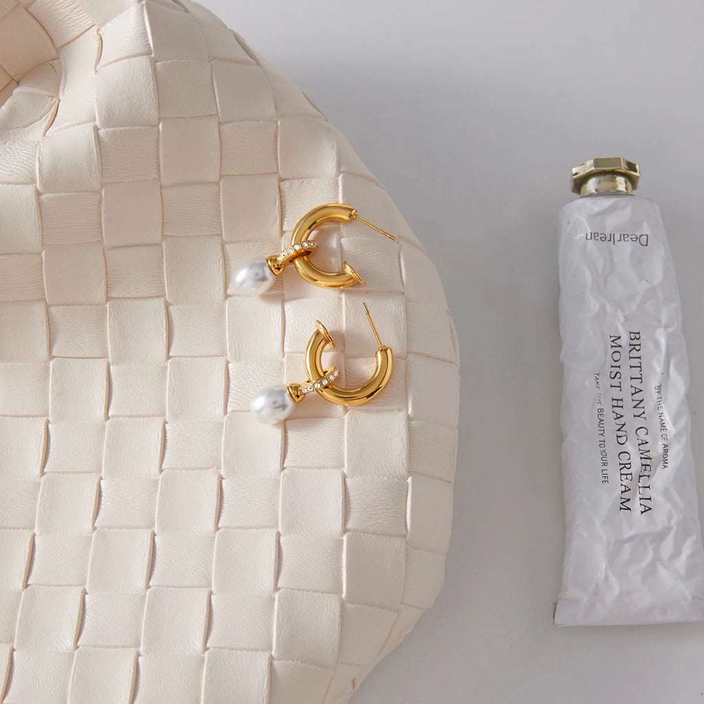 Pearl Hoop Drop Earrings — Stainless Steel · PS082