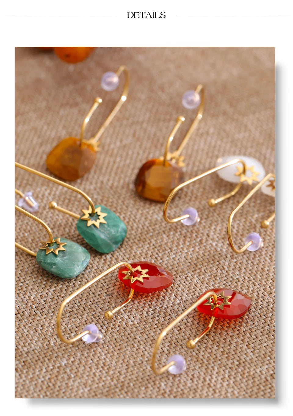 Natural stone geometric earrings in gold-plated stainless steel with natural stone.