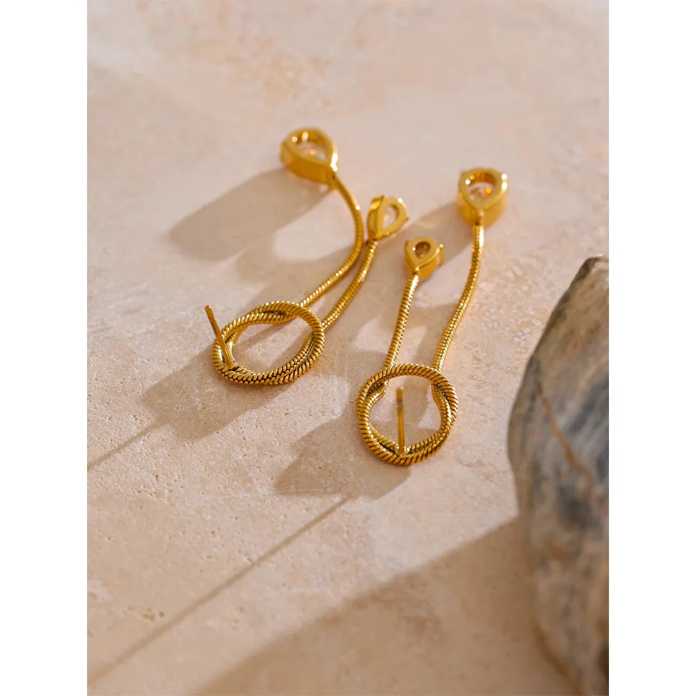 Cubic Zirconia Geometric Chain Earrings — Gold-Plated Stainless Steel with Cubic Zirconia · PS1608