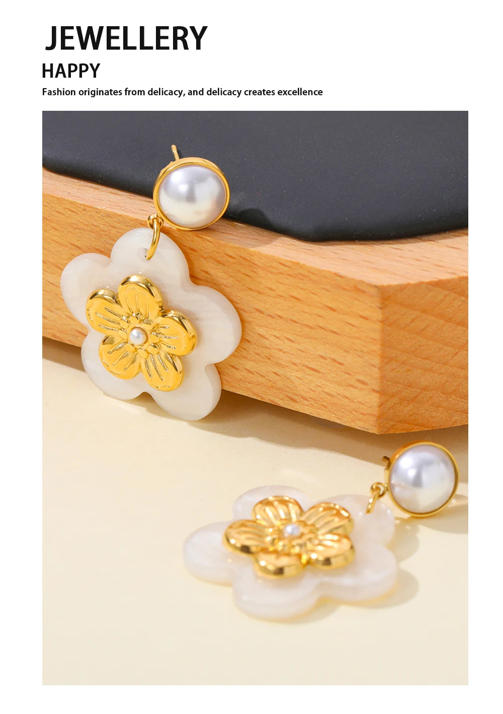 Drop Earrings Acrylic Flower Pearl — 316L Stainless Steel · PS391