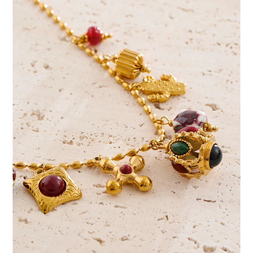 Resin acrylic cross necklace in gold-plated stainless steel with resin and acrylic.