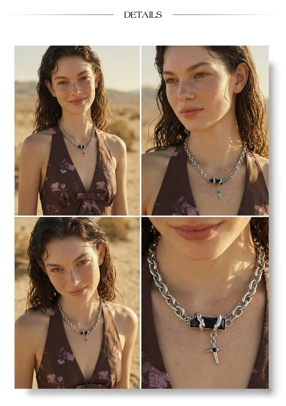 Crystal natural stone cross necklace in gold-plated stainless steel with natural stone and crystal.