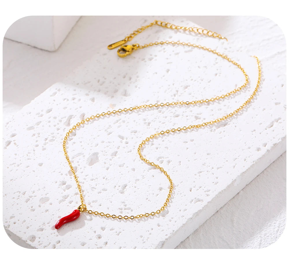 Chain Necklace Enamel Red Hot Pepper Pendant — 316L Stainless Steel · PS474