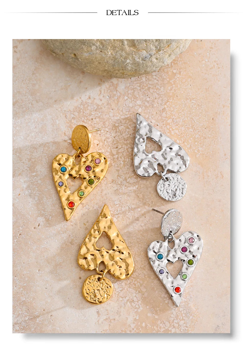 Cubic zirconia heart hammered earrings in gold-plated stainless steel with cubic zirconia.