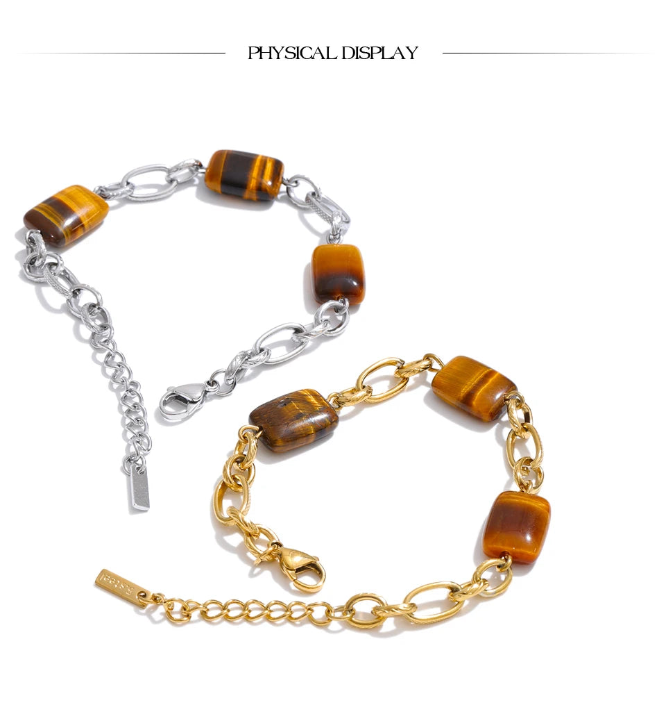 Natural Stone Geometric Chain Bracelet — Gold-Plated Stainless Steel with Natural Stone · PS984