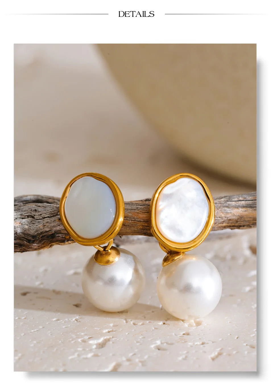 Pearl shell geometric earrings in gold-plated stainless steel with pearl and shell.
