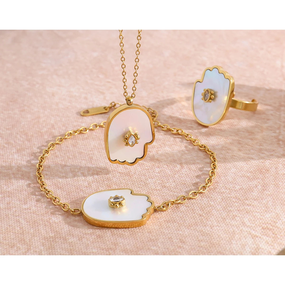 Shell Crystal Charm Necklace Ring — 316L Stainless Steel · PS434