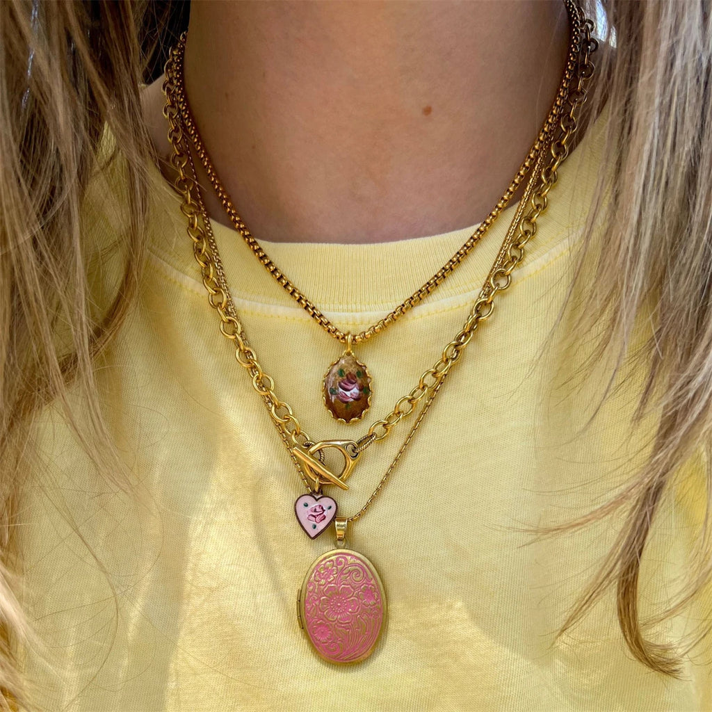 Retro printed oval heart-shaped necklace, women's colorful bohemian style jewelry, gold-plated
