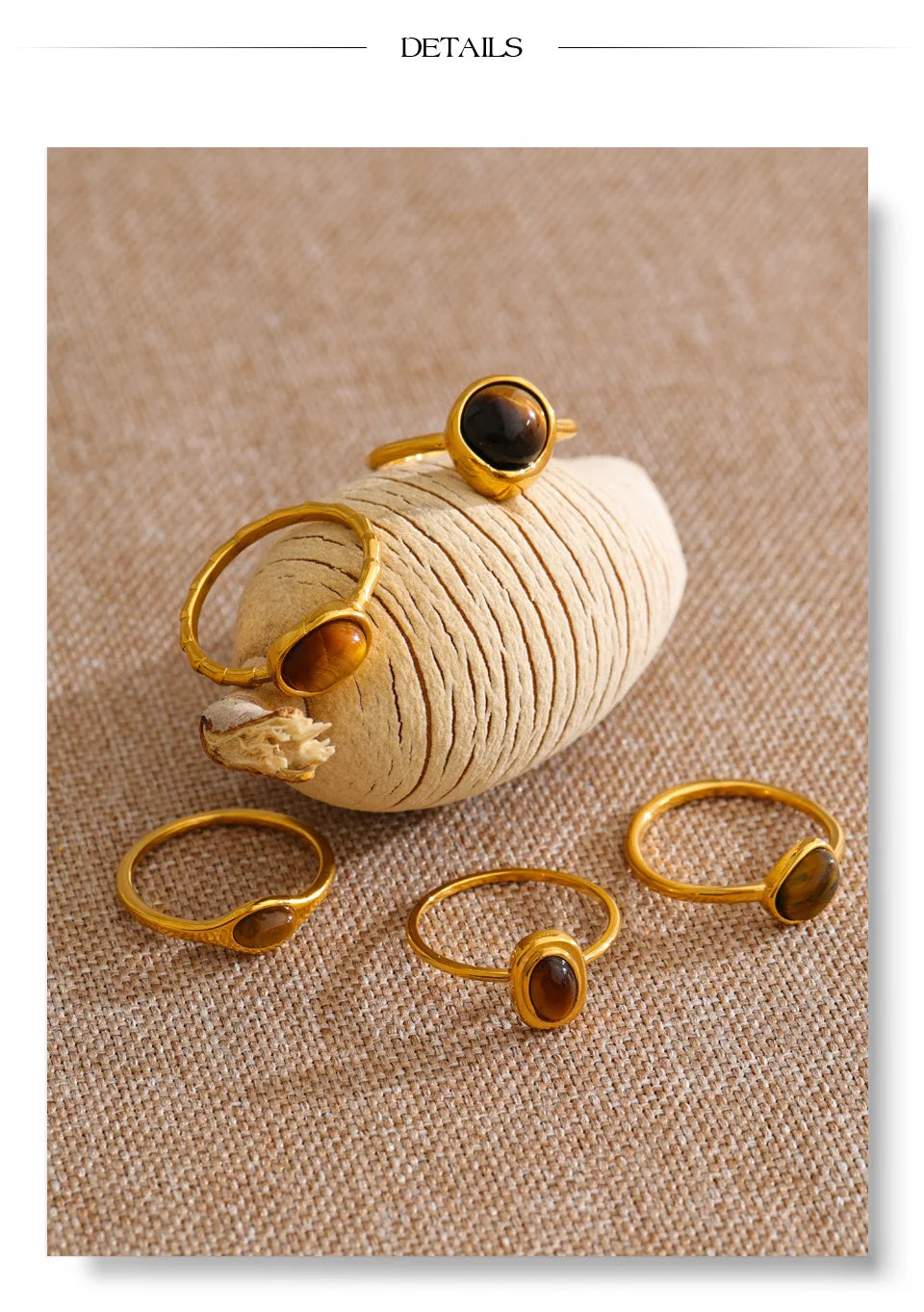 Natural stone geometric ring in 18K gold-plated stainless steel with natural stone.