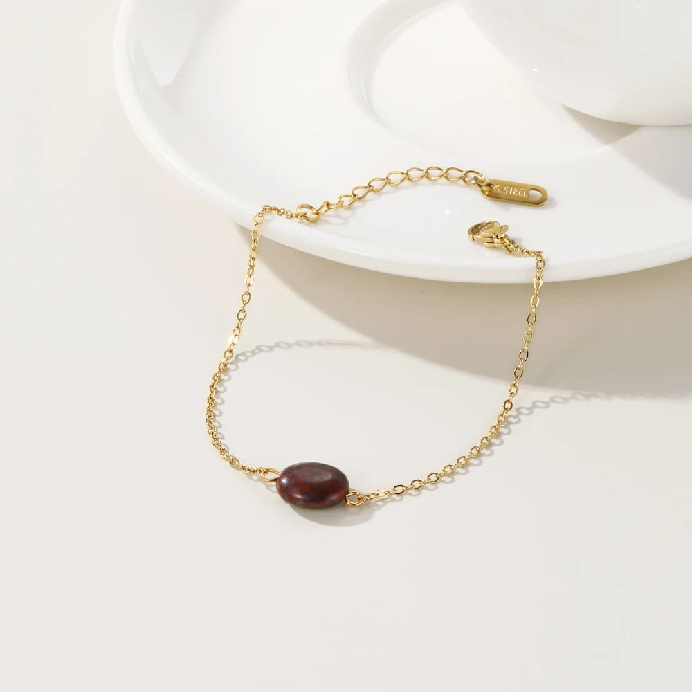 Bracelet Dark Red Natural Stone Pendants Charm — 316L Stainless Steel · PS414