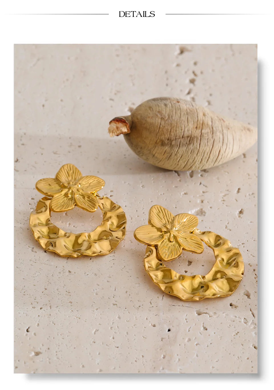 Flower Hammered Earrings — Gold-Plated Stainless Steel · PS1232