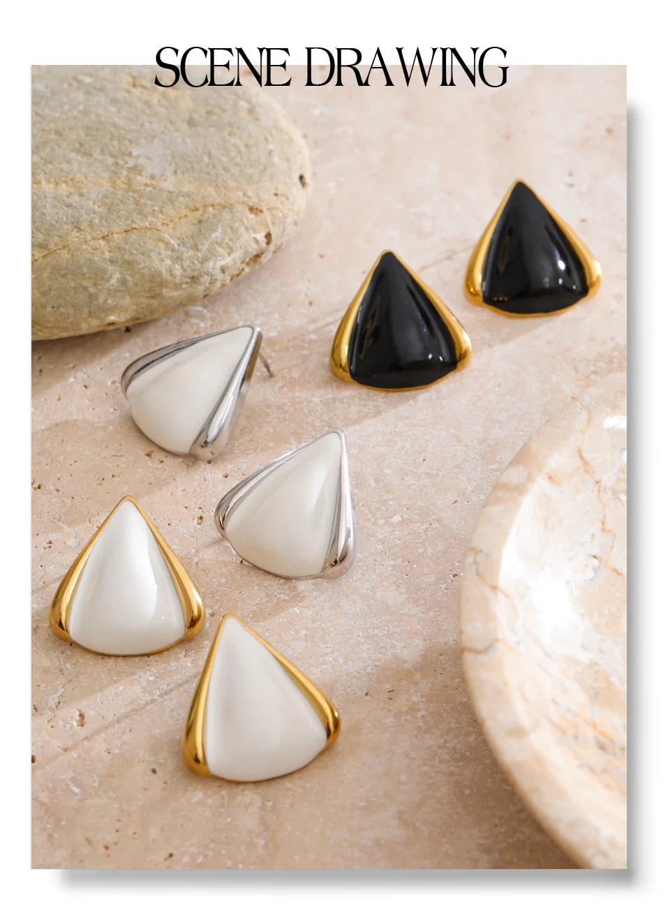 Black pearl geometric earrings in gold-plated stainless steel with pearl.
