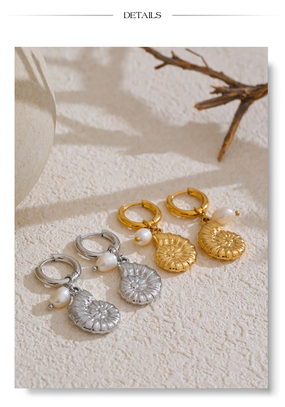 Freshwater pearl shell star earrings in gold-plated stainless steel with freshwater pearl and shell.