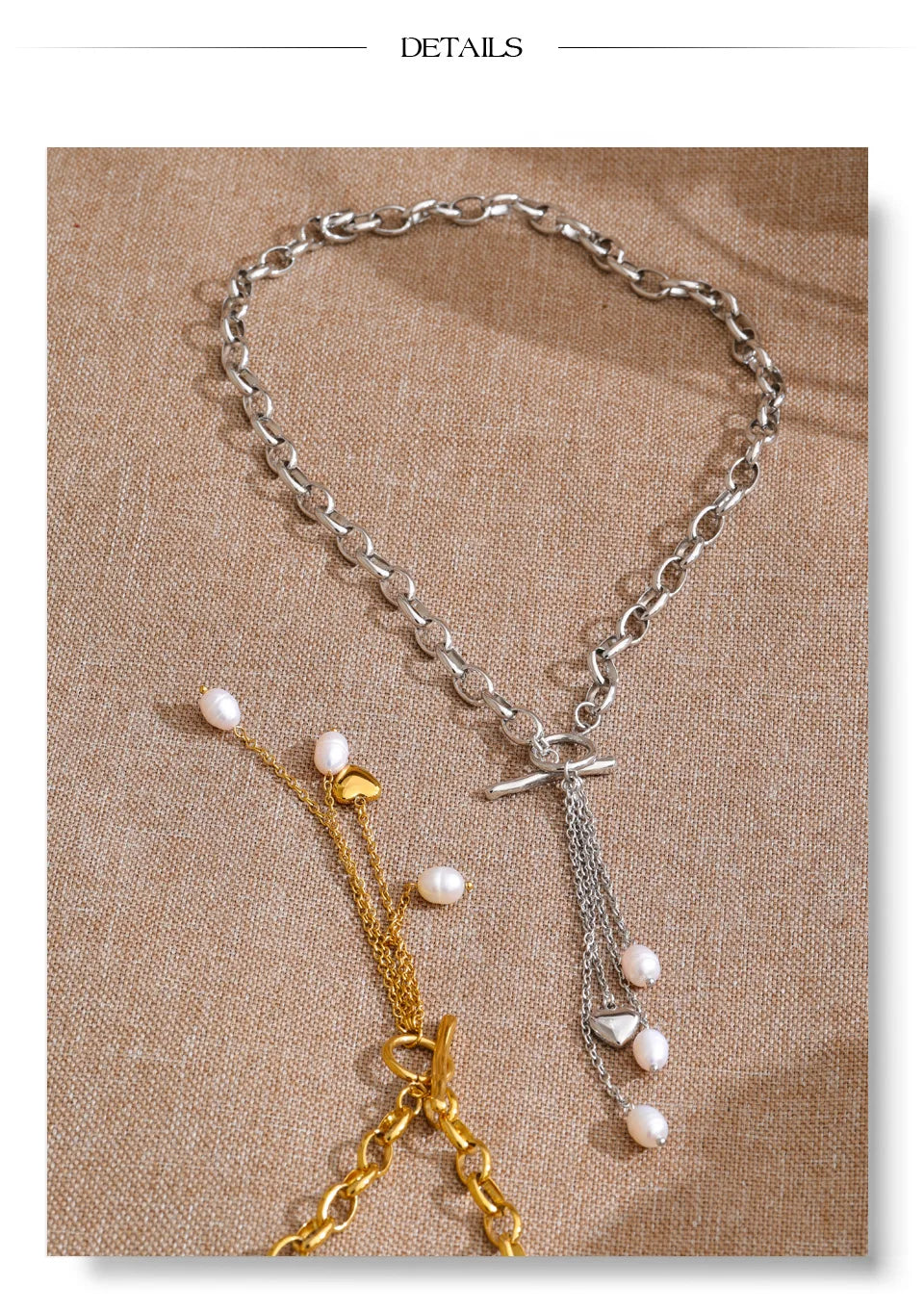 Freshwater pearl heart chain necklace in gold-plated stainless steel with freshwater pearl.