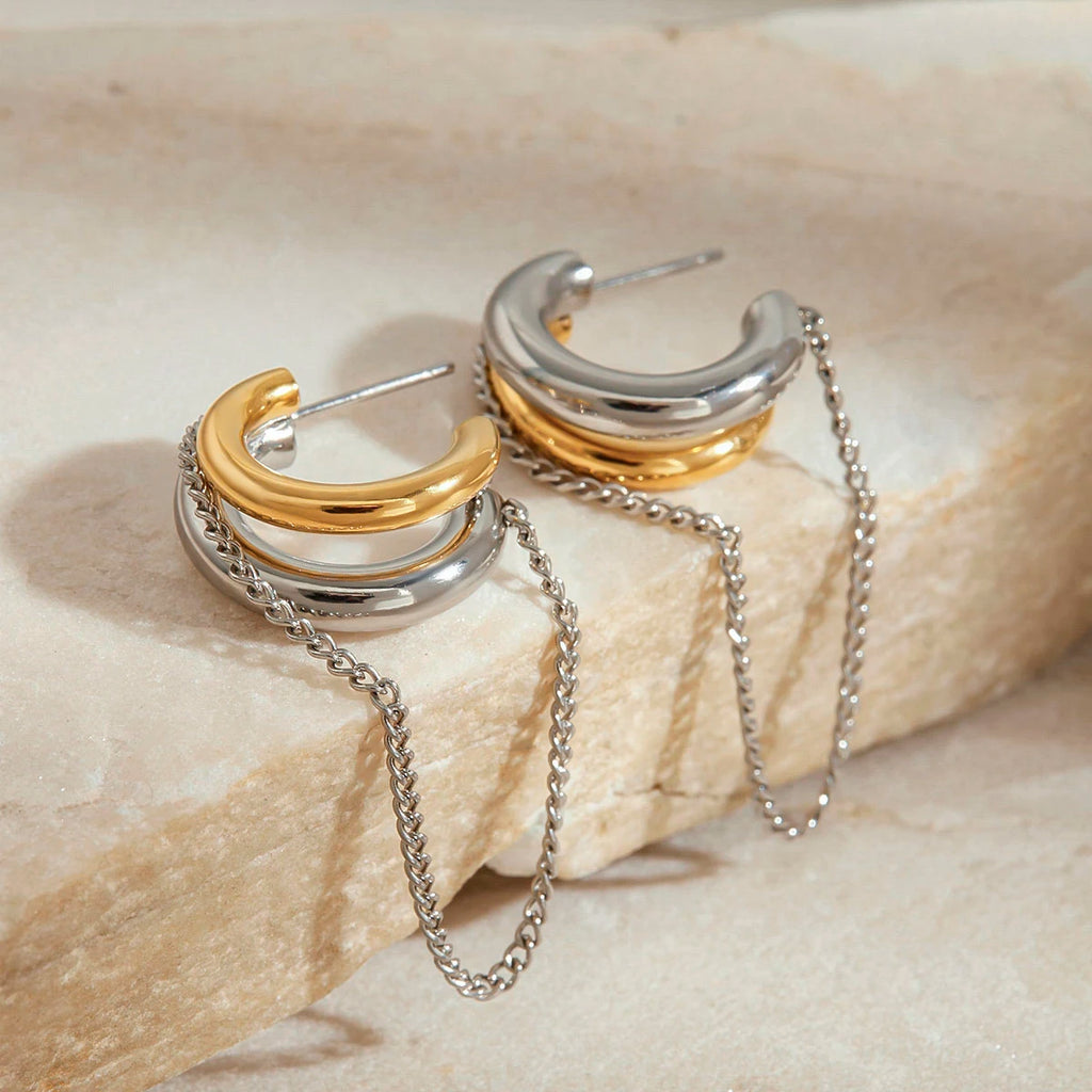Two-Tone Chain Drop Earrings — Stainless Steel · PS091