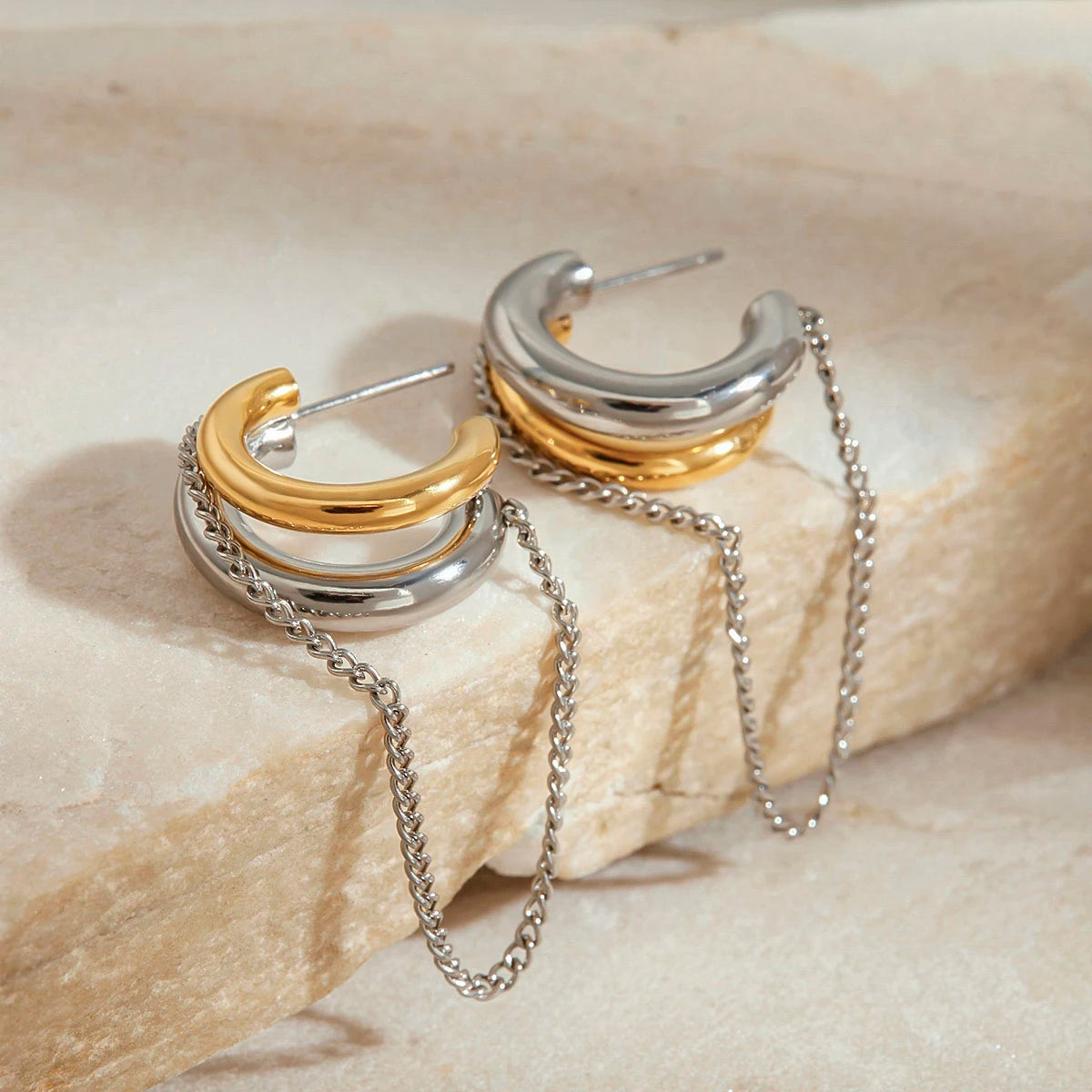 Two-Tone Chain Drop Earrings — Stainless Steel · PS091